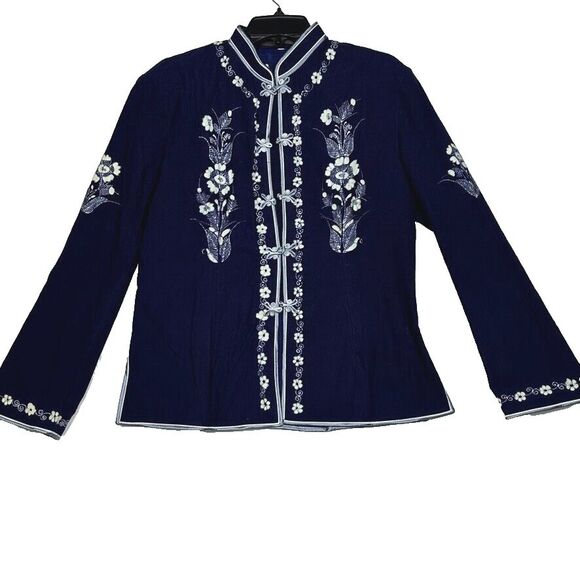Vintage Artisan Womens XL Blue Shirt Jacket Button Front White Floral - Picture 1 of 13